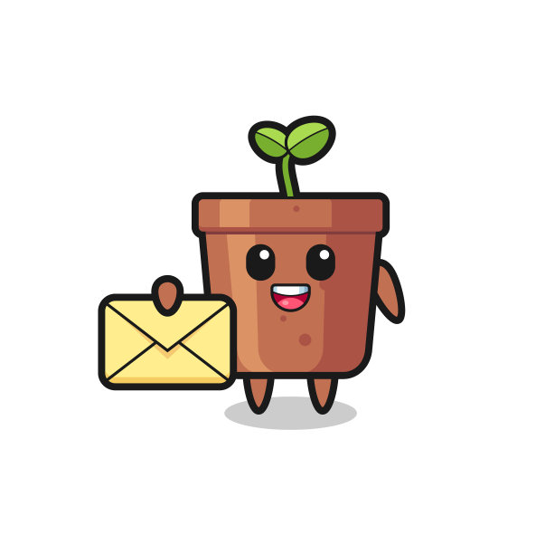 盆栽的卡通，手里拿着黄色的字母图片下载