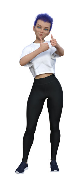 一个紫色头发的年轻女子的插图，在白色的背景上孤立地举着两个大拇指。图片下载