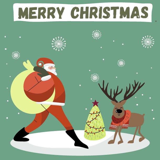 圣诞老人在路上，圣诞鹿披着围巾，圣诞树上，题词圣诞快乐。图片下载