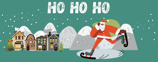 圣诞旗圣诞老人急着送礼物，穿过雪堆和高山，向被雪覆盖的房子溜冰。图片下载