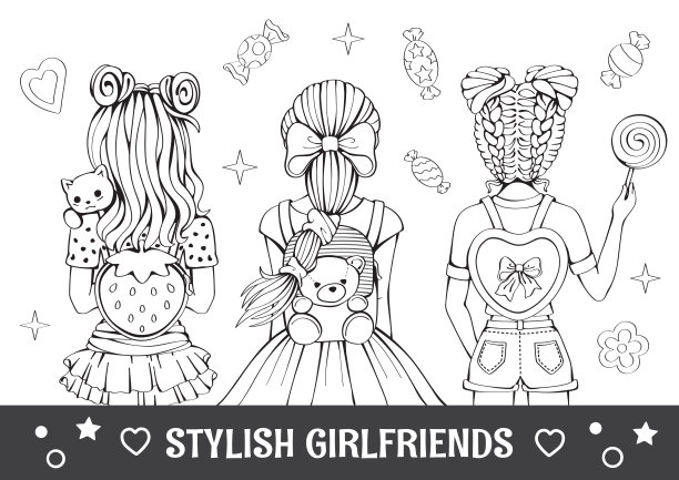 线性铅笔绘图。抗压力涂色书，一页。最好的朋友。时尚女孩的发型和背包。现代公主卡通。娃娃和玩具。禅宗纠结的风格。对儿童插图。向量图片下载