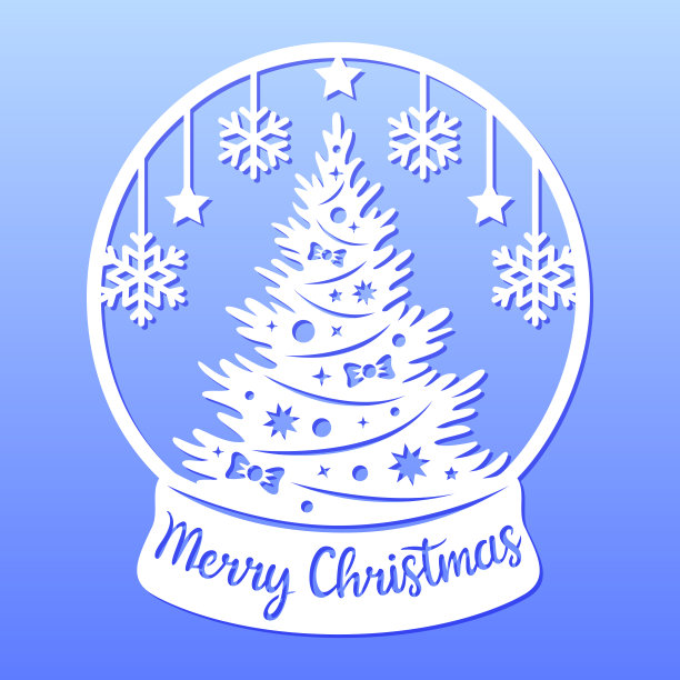 雪花玻璃球上有圣诞树，雪花，星星。圣诞快乐短语。节日的象征。图片下载