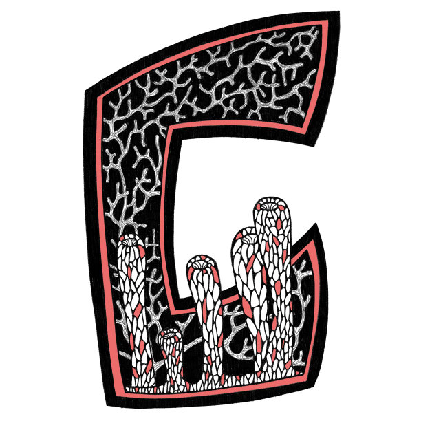字母C是字母创意字体的一部分。黑白字母珊瑚颜色抽象海藻珊瑚。为设计，网页，室内，海报，印刷，印刷的手绘字母插图。图片下载