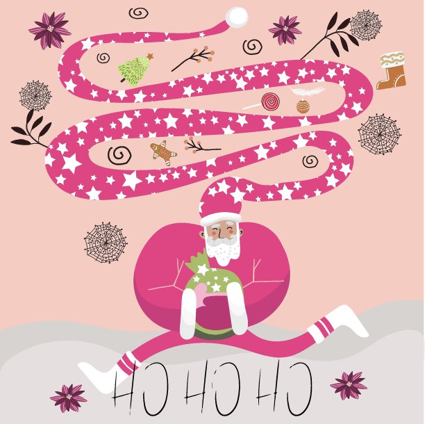 圣诞贺卡上有“嗬嗬嗬”的题词，圣诞老人穿着粉红色的制服，手里拿着一袋礼物，头上戴着一顶长长的奇怪的星帽。图片下载
