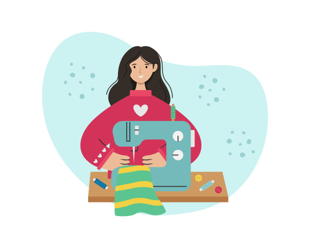 女孩在缝纫机上做缝纫工作图片下载