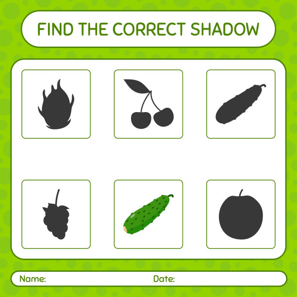 找到正确的黄瓜阴影游戏。学龄前儿童的工作表，儿童活动表图片下载