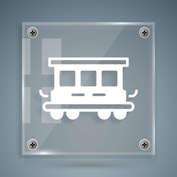 白色客运火车车厢玩具图标孤立在灰色背景。铁路运输。方形玻璃面板。向量图片下载