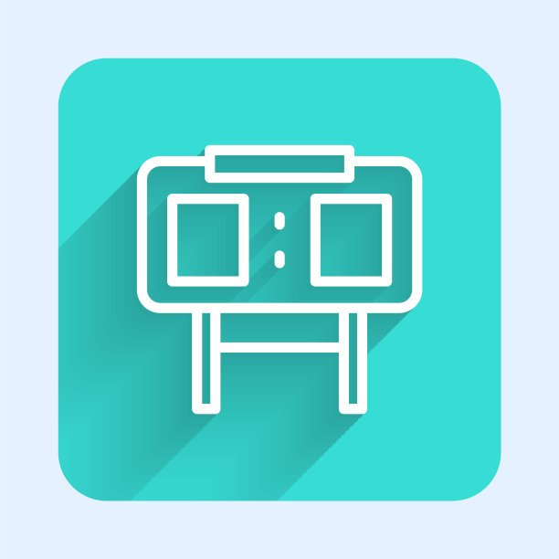 白线运动机械记分牌和结果显示图标隔离与长阴影背景。绿色广场按钮。向量图片下载