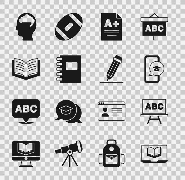 设置在线课堂，黑板，毕业帽在手机上，考试单与A +等级，螺旋笔记本，打开，人脑和铅笔橡皮图标。向量图片下载