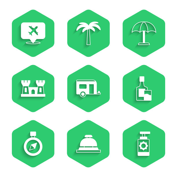 房车露营拖车，酒店服务钟，防晒霜喷雾瓶，威士忌和玻璃，指南针，沙城堡，保护伞和语音气泡与飞机图标。向量图片下载