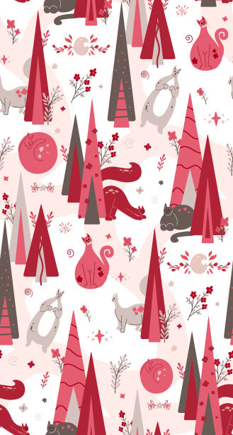 精致的图案与风格冷杉树，星星，花朵和可爱的猫。向量婴儿粉红色纹理与小猫在森林漫步。婴儿室的动物墙纸。图片下载