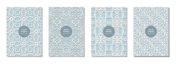 封面设计集，垂直矢量模板。几何镂空白色图案在蓝色背景与文本框架上的阿拉伯式风格。图片下载
