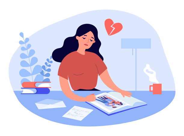 悲伤的卡通女人看着相册里的照片图片下载