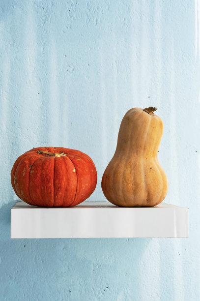季节性的南瓜放在白色的架子上作为家庭装饰。极简风格的秋季启发了室内设计。图片下载