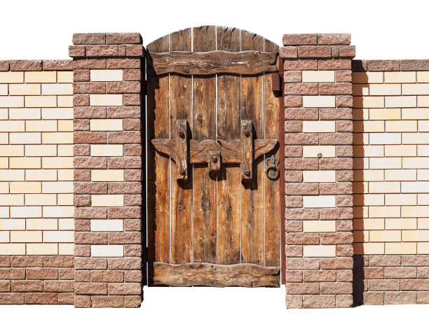 栅栏和木门与大门闩隔离在白色背景上图片下载