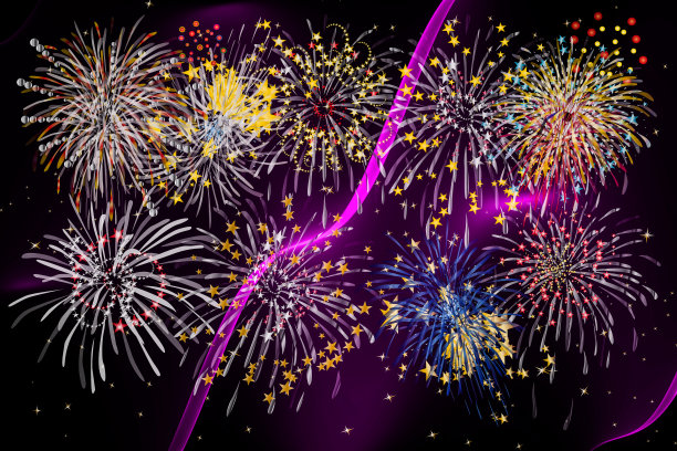 烟花抽象背景黑色，金色，银色，红色，蓝色，黄色，淡紫色图片下载