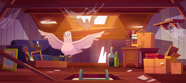 鸽子在废弃的阁楼和旧东西梯子图片下载