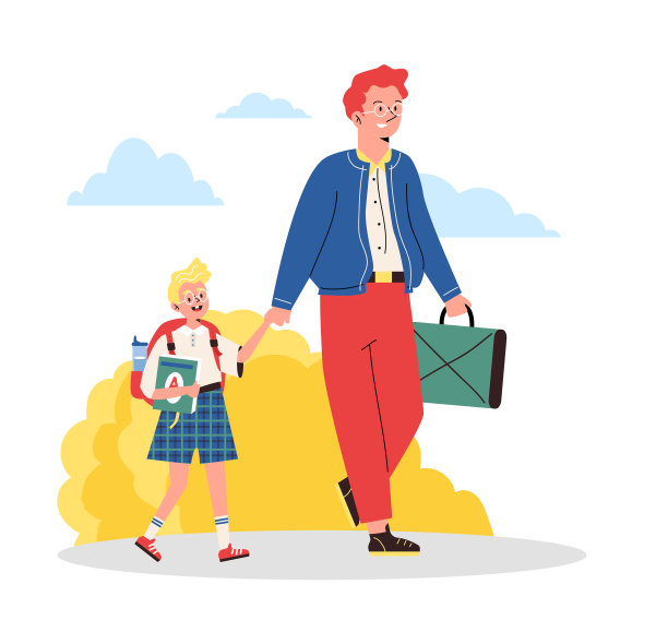 父亲和儿子在早上赶到学校图片下载