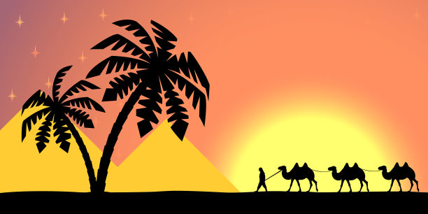 日落时分，在棕榈树上骑骆驼的人图片下载