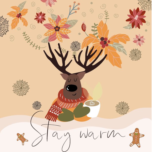 写着“温暖”字样的圣诞贺卡，鹿角盛开的鹿和一杯热可可，穿着毛衣。图片下载