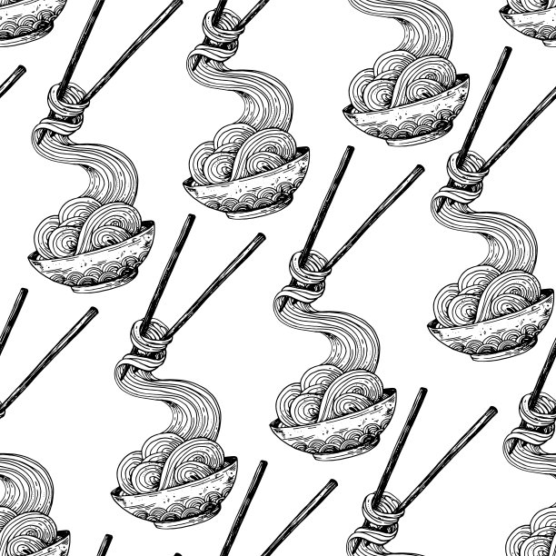 碗面和筷子速写。无缝模式。亚洲食品。中国，韩国，日本料理。包装设计。手绘矢量图图片下载