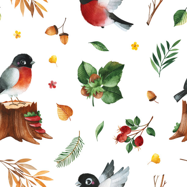 水彩无缝模式与秋天的树叶，树枝，红腹灰雀，橡子，浆果。图片下载
