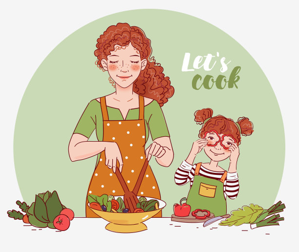 母亲和她的小女儿在厨房里准备食物。幸福家庭快乐图片下载