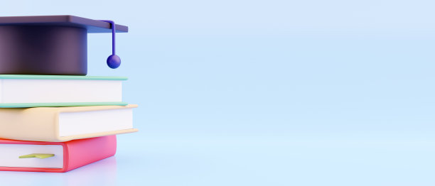 教育的概念。3d的帽子，书在蓝色背景。着陆页模板。回到学校，横幅设计模板。图片下载