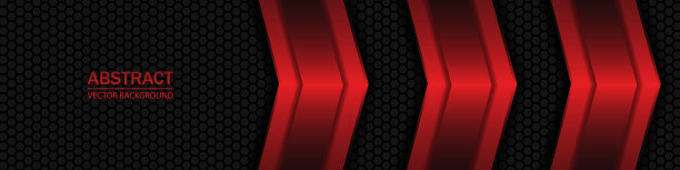 红色箭头形状，条纹和线条上的黑色六边形碳纤维背景。六边形红色网格上的几何图形。图片下载