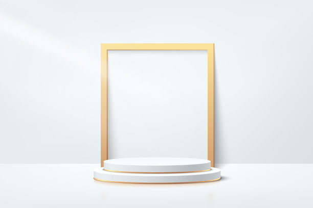 白色，灰色和金色几何基座裙台与黄金方形框架。矢量抽象工作室房间与3D平台。豪华最小的墙壁场景化妆品。展示、促销展示。图片下载