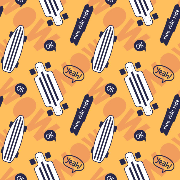 矢量插图的滑板。滑板黄色无缝图案与白色滑板和字。线条艺术平面风格溜冰背景图片下载