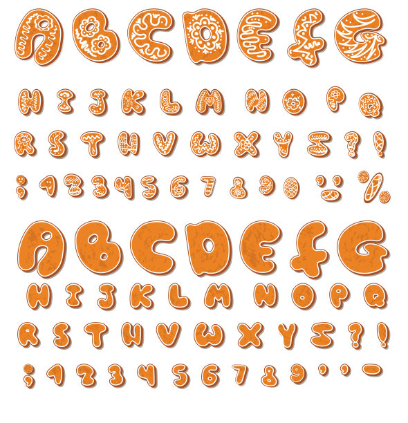 两套向量字母圣诞或新年字母姜饼。有釉和没有。白色背景上孤立的大写字母图片下载