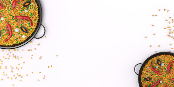 传统的西班牙海鲜饭。平的。副本的空间。3 d演示。图片下载