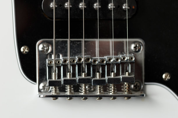 电吉他桥和金属弦特写。电吉他黑白色系，细节。音乐乐器。概念国际音乐日。前视图。平躺图片下载