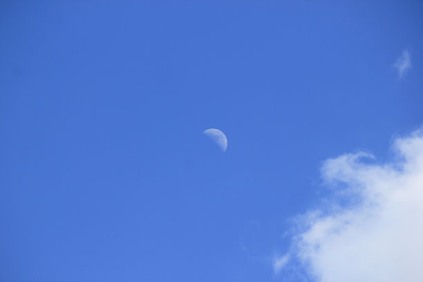 年轻的月衬着蔚蓝的天空，飘着一朵小小的白云。图片下载