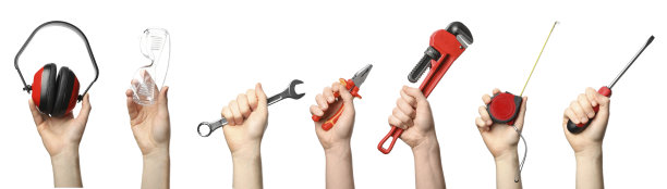 白色背景上的男子手持施工工具拼贴画。旗帜设计图片下载