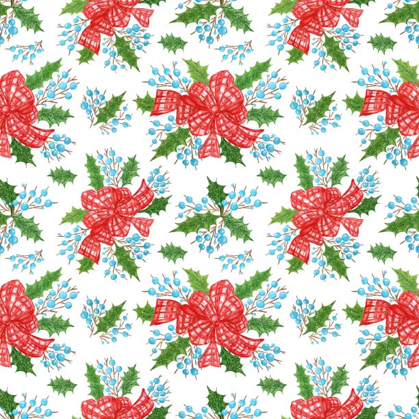 无缝圣诞图案礼品纸与弓，冬青枝和浆果图片下载