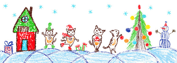 圣诞节的有趣的猫。喜欢孩子手绘圣诞空间假日边界。图片下载