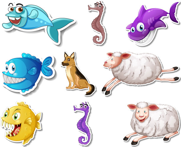 一套贴纸与海洋动物和狗卡通图片下载