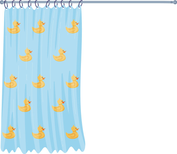 蓝色浴帘上印着黄色的鸭子图片下载
