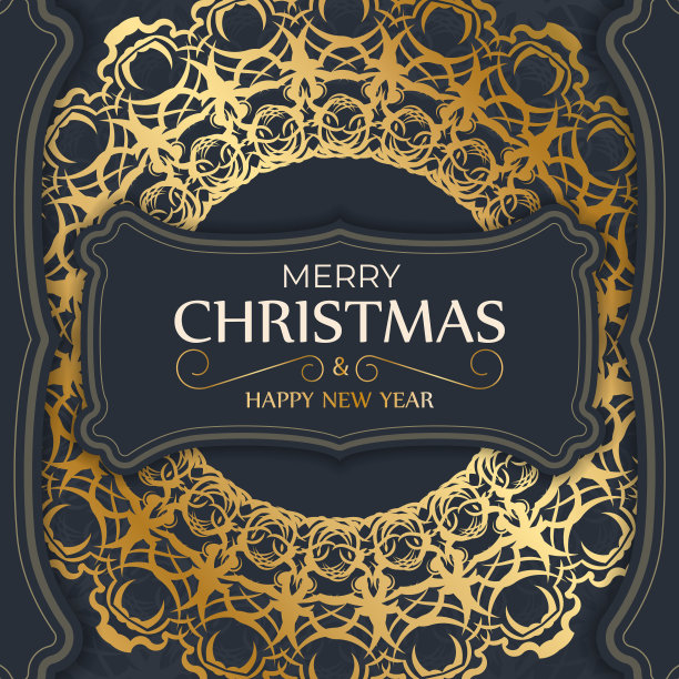 假日贺卡新年快乐在深蓝色与冬季黄金图案图片下载