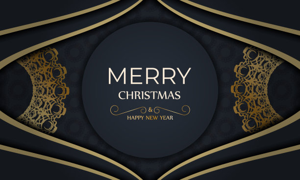 节日传单，圣诞快乐和新年在深蓝色与复古黄金图案图片下载