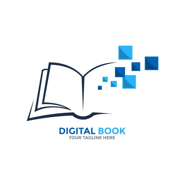 数字图书的标志。在线教育蓝皮书标志。打开书页和像素。图片下载