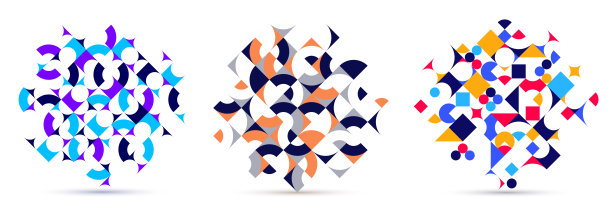 抽象的几何背景被隔离在白色上，70年代复古风格的矢量设计元素，彩色的几何形状的现代模块化组成。图片下载