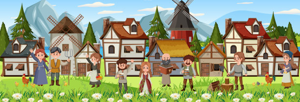 中世纪小镇和村民的场景图片下载