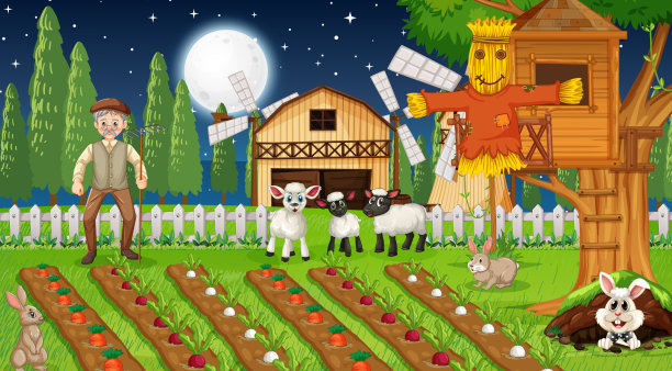 农场场景在晚上与老农夫和可爱的男人图片下载