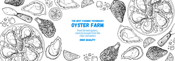 生蚝及加柠檬和冰的生蚝菜。手绘矢量插图。前视图。设计模板。食品菜单。图片下载