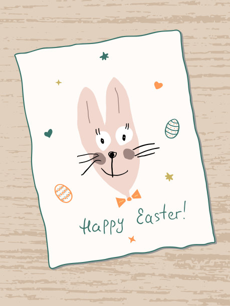 可爱有趣的复活节兔子，上面写着复活节快乐。周围画着复活节彩蛋和星星。一个孩子手绘的兔子。一张贺卡放在木桌上。图片下载
