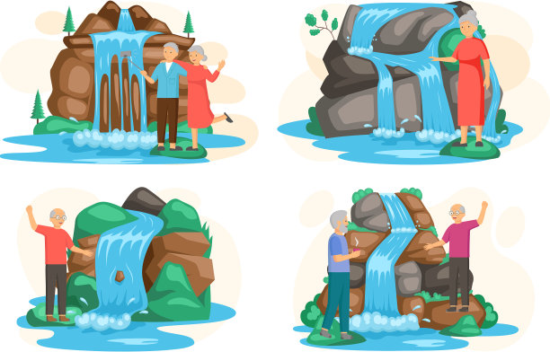 老人站在岩石和瀑布旁边图片下载