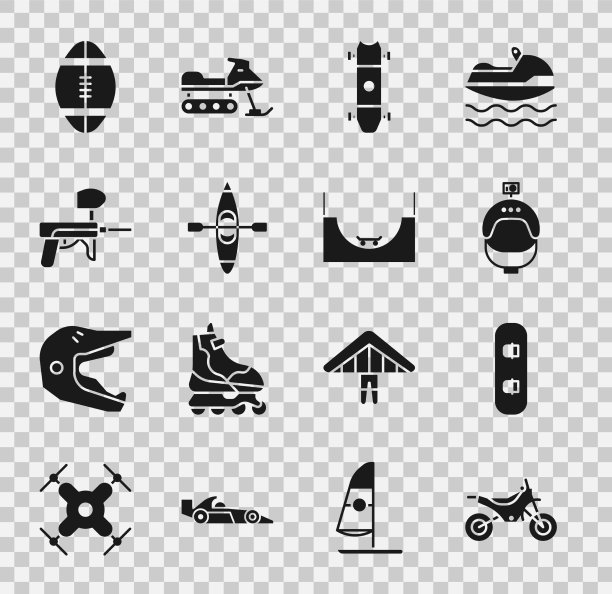 设置山地自行车、滑雪板、头盔和动作图片下载